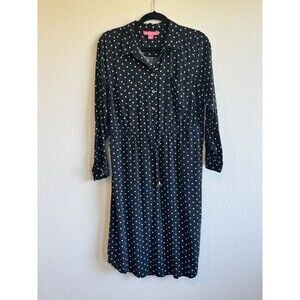 Woman Within Black Polka Dot Long Sleeve Midi Dress Henley Collared 14W